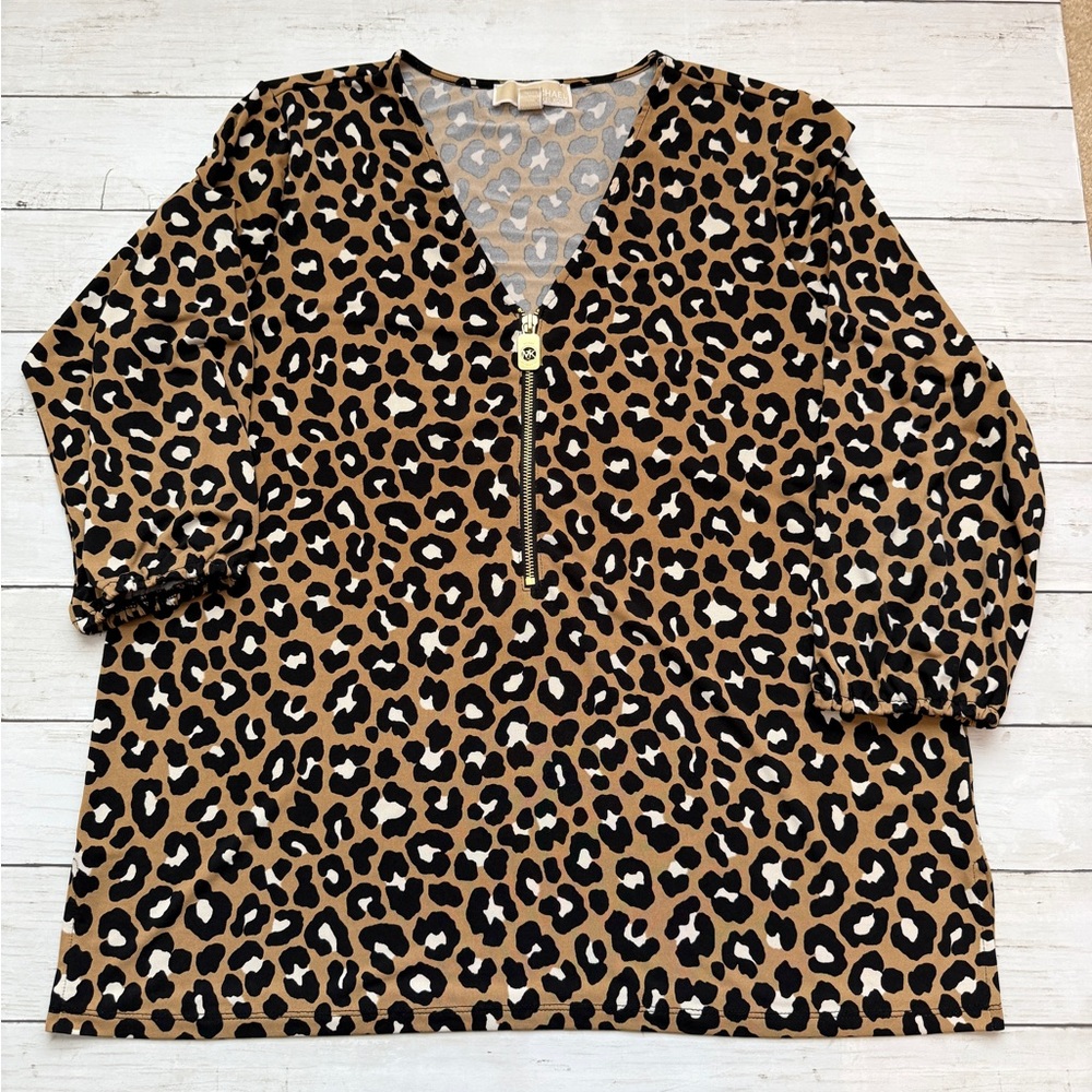 Michael Kors Leopard Print Zip Front Top Size L Gold Logo Blouse